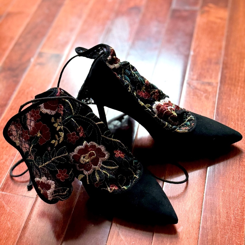 Floral Embroidery Mesh Heels